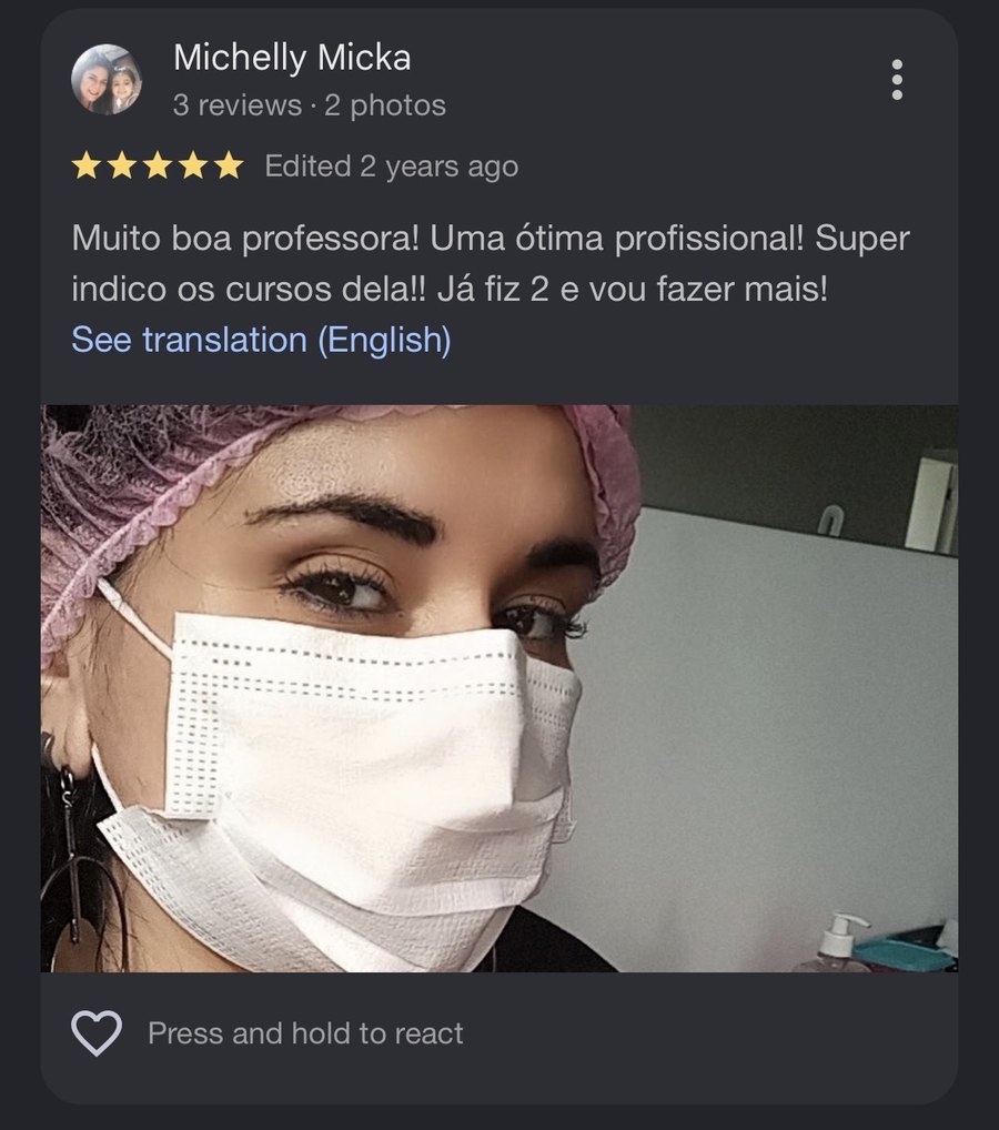 Avaliação de cinco estrelas no Google de aluna que já fez dois cursos